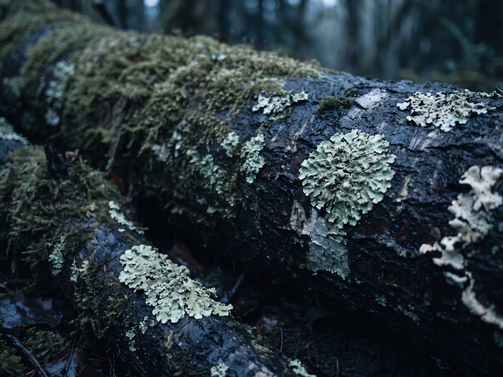 Close view of a moss-covered fallen log with pale lichen on dark bark on a forest floor at dusk.