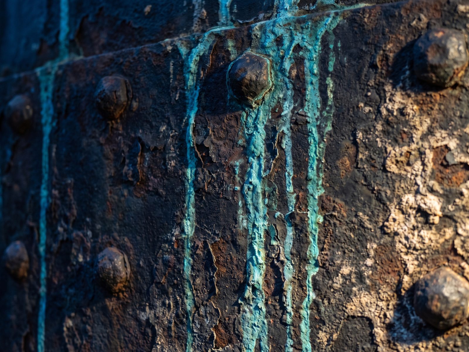Close view of a rusted iron plate with rivets and streaks of green copper corrosion.
