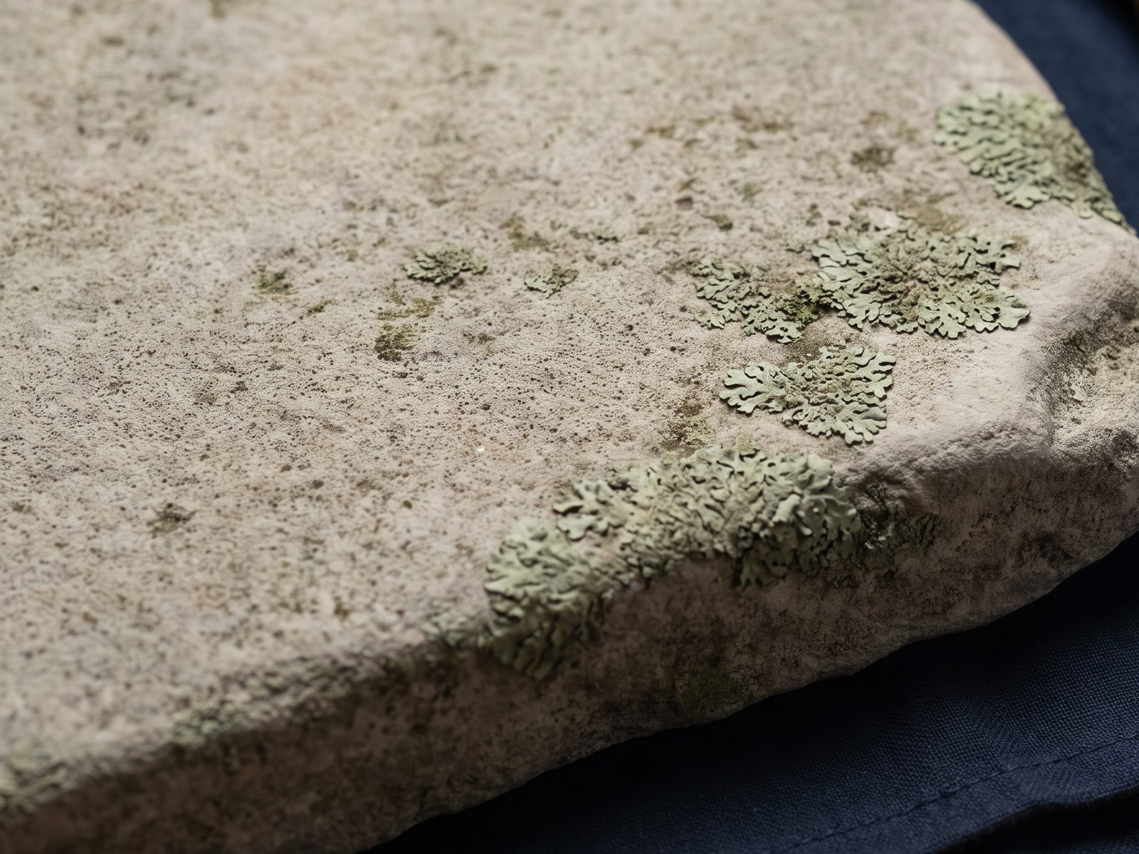 Close view of pale weathered limestone with green lichen growing in its fine grain.