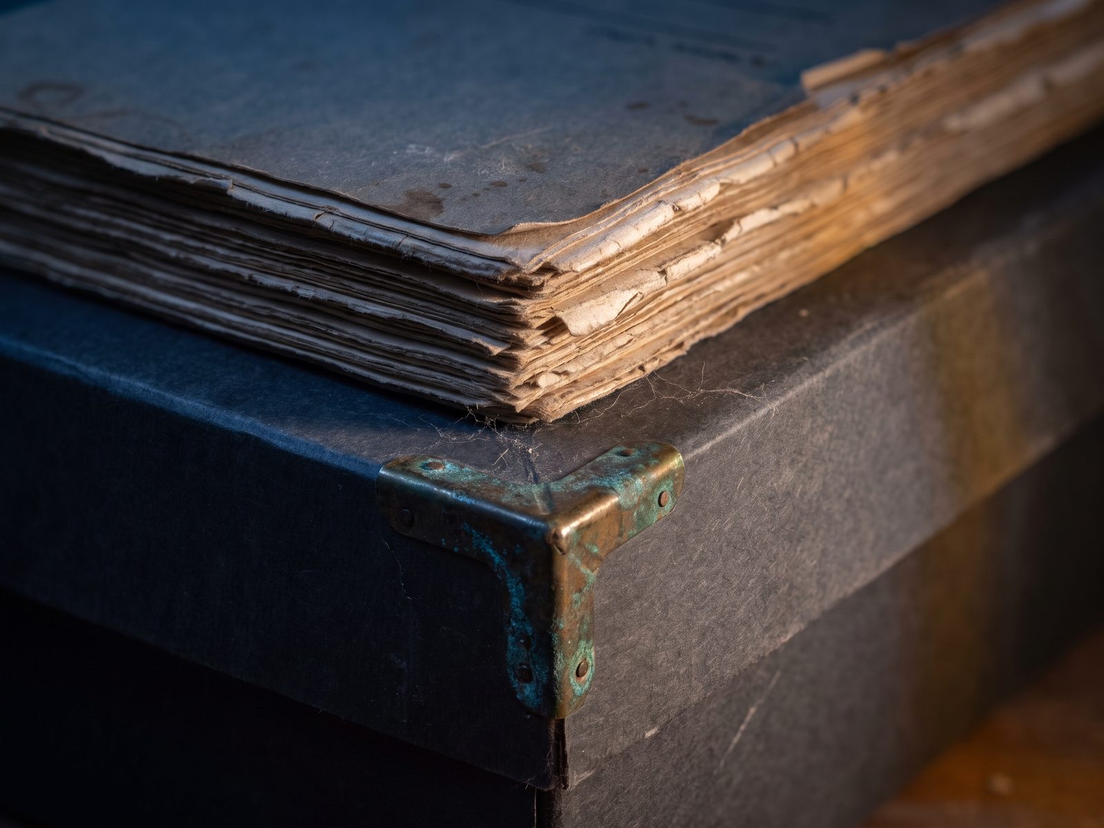 Close view of a stack of aged paper resting on an archive box with a tarnished brass corner fitting.