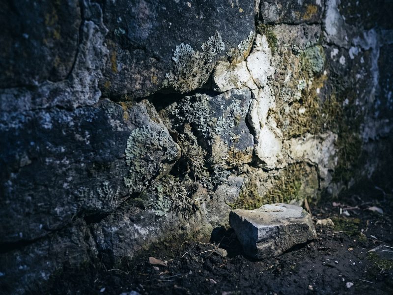 Close view of weathered stone masonry with moss and lichen in the cracks and a fallen block of cut stone.