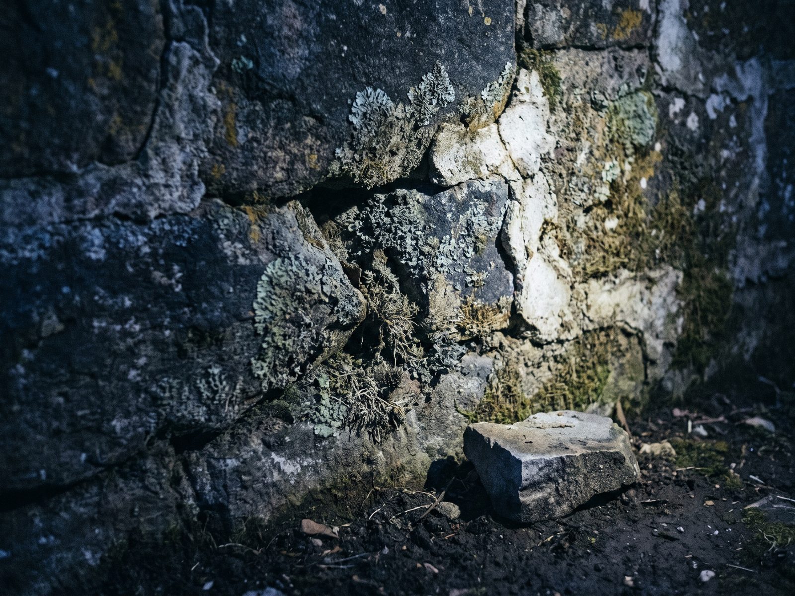 Close view of weathered stone masonry with moss and lichen in the cracks and a fallen block of cut stone.