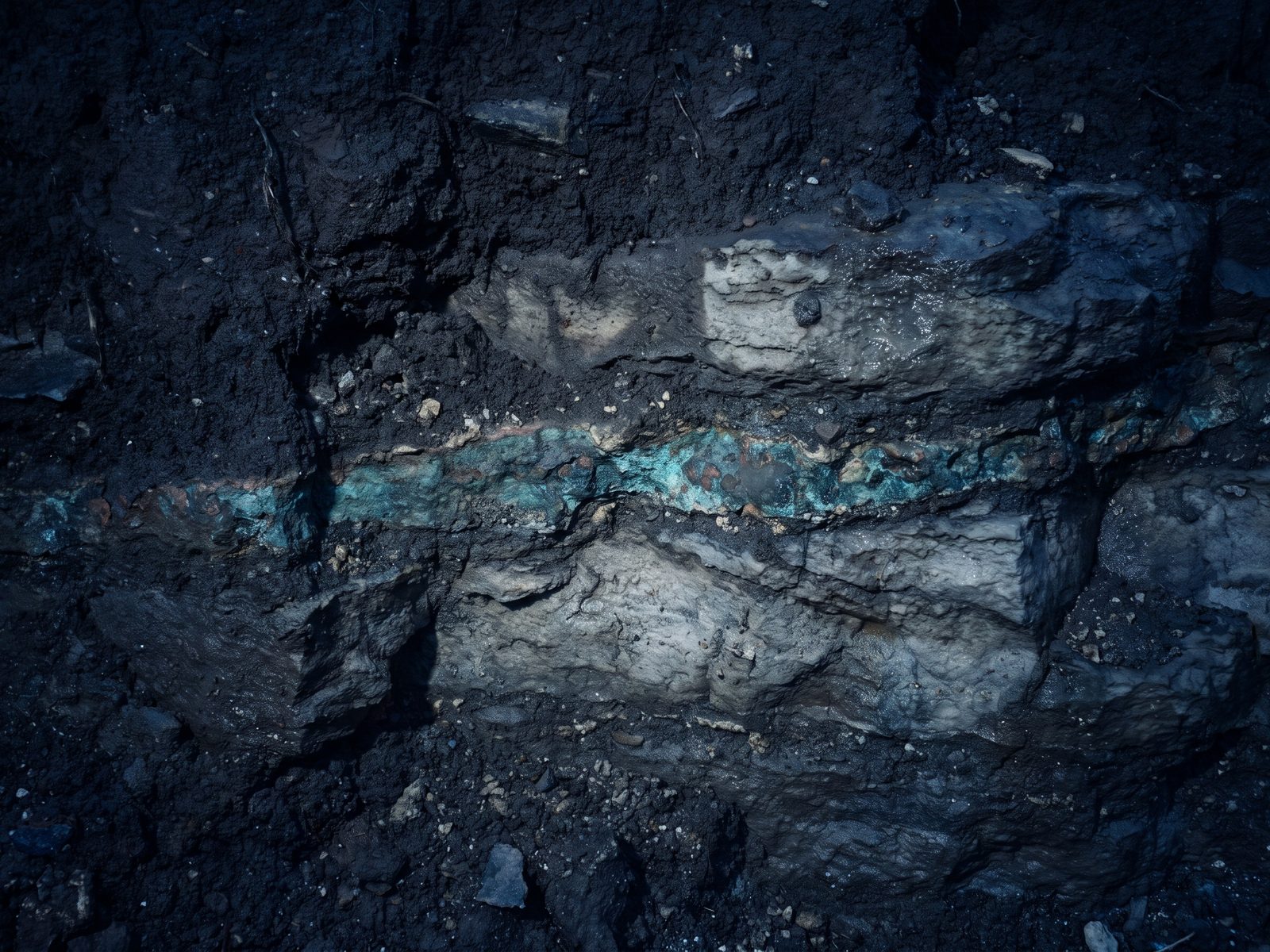 Close view of dark compacted soil and layered gray rock with a single seam of green copper mineral.