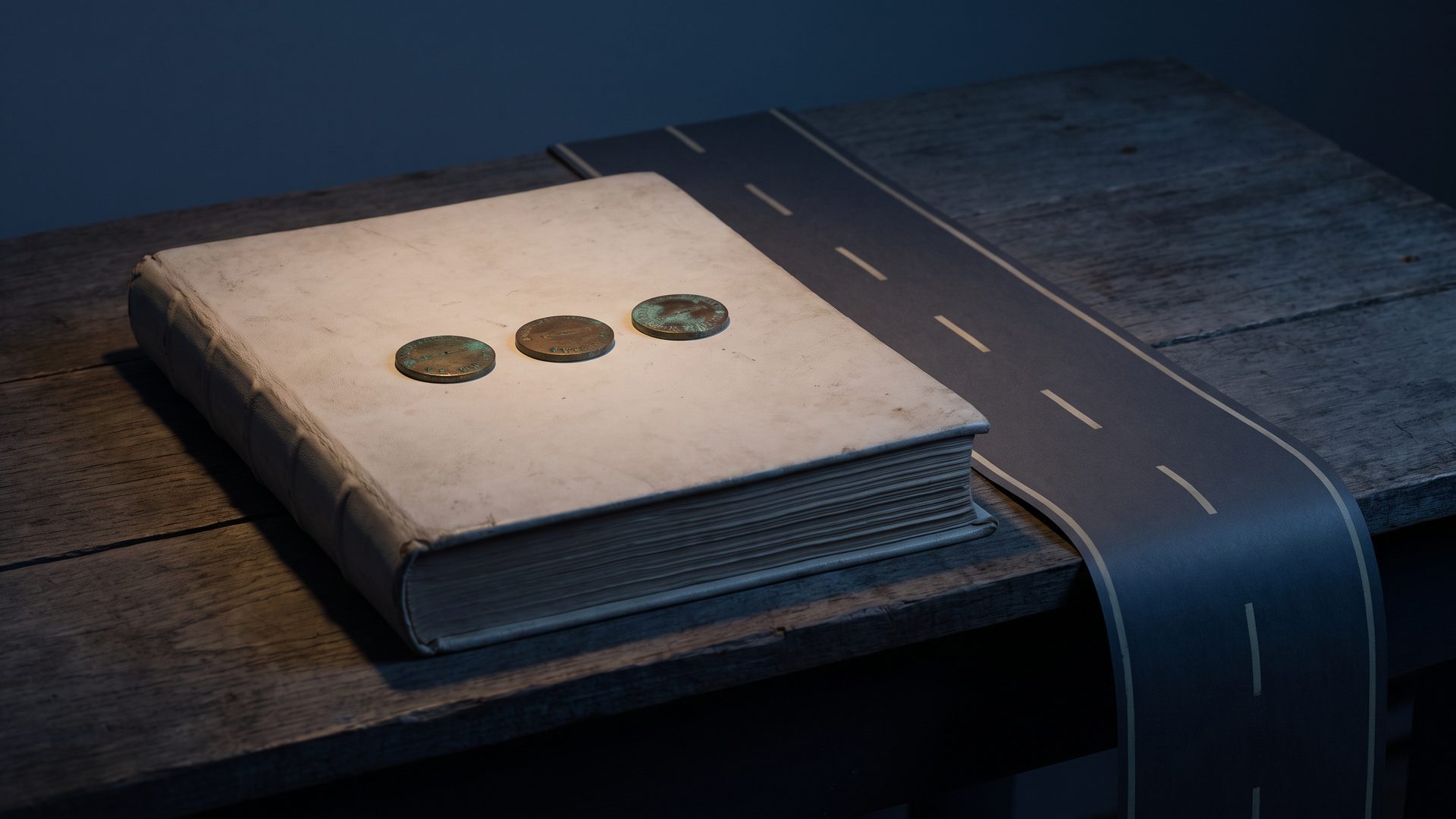 A closed bone-covered atlas on a wooden table with three brass markers resting on it, next to a dark strip patterned like a road.