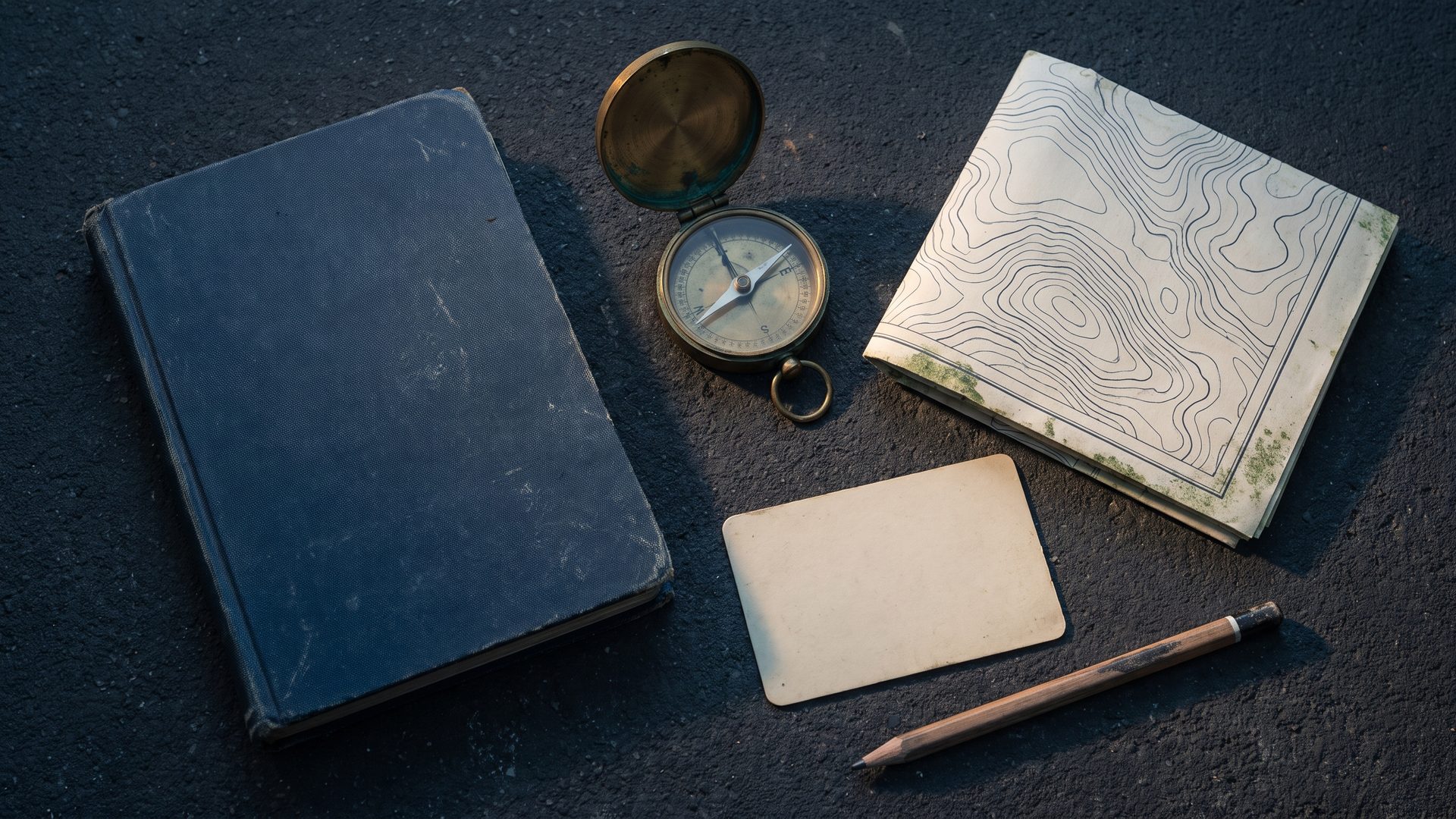 Overhead view of a dark field table holding a closed notebook, a brass compass, a folded contour map, a blank card, a pencil, and a small brass marker.
