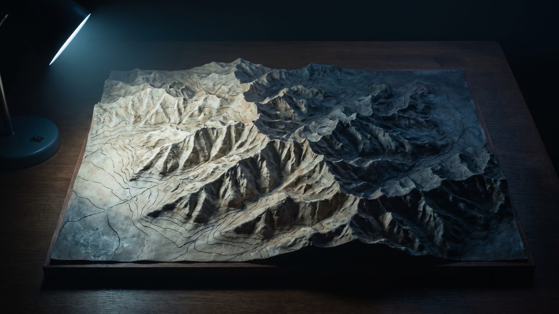 A raised-relief map of mountains on a dark table, half lit in bone tones by a lamp and half in deep blue shadow.